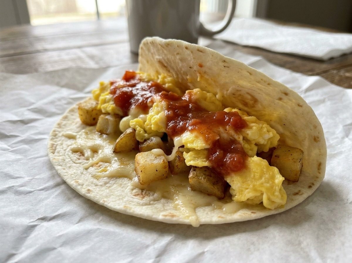 Close-up of a breakfast taco with egg and potato on a fresh flour tortilla