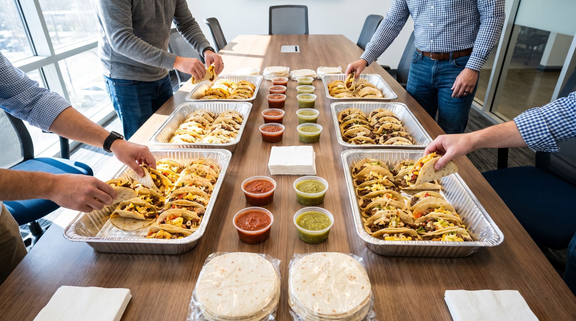 Foil catering trays of tacos and salsa on a conference table with hands reaching in