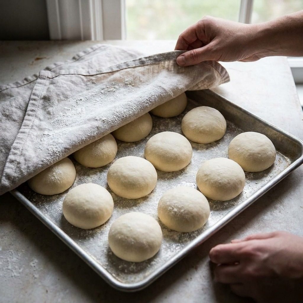 Tray of evenly portioned tortilla dough balls resting under a cloth