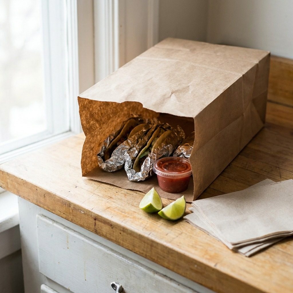 Foil-wrapped tacos and a salsa cup packed in a plain paper bag
