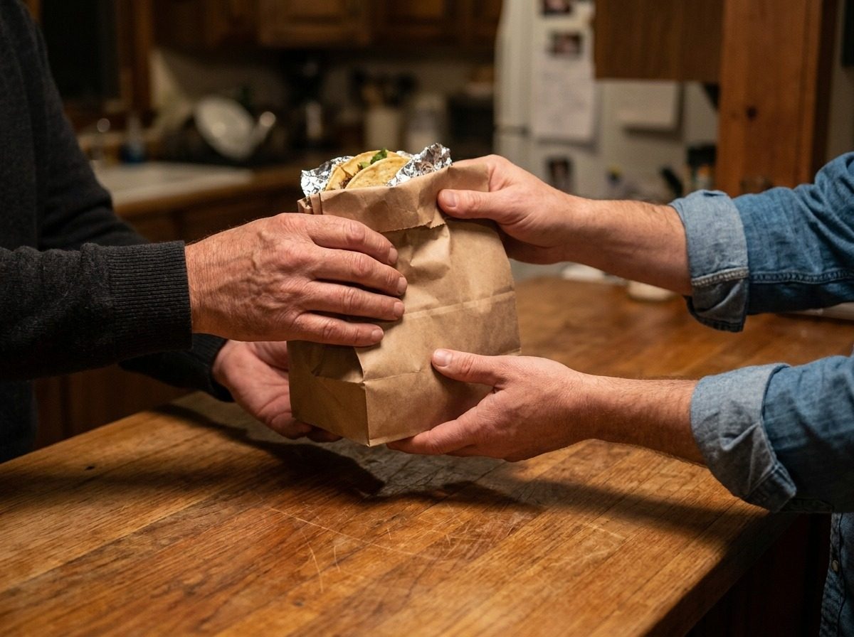 Anonymous hands passing a paper bag of tacos across the counter