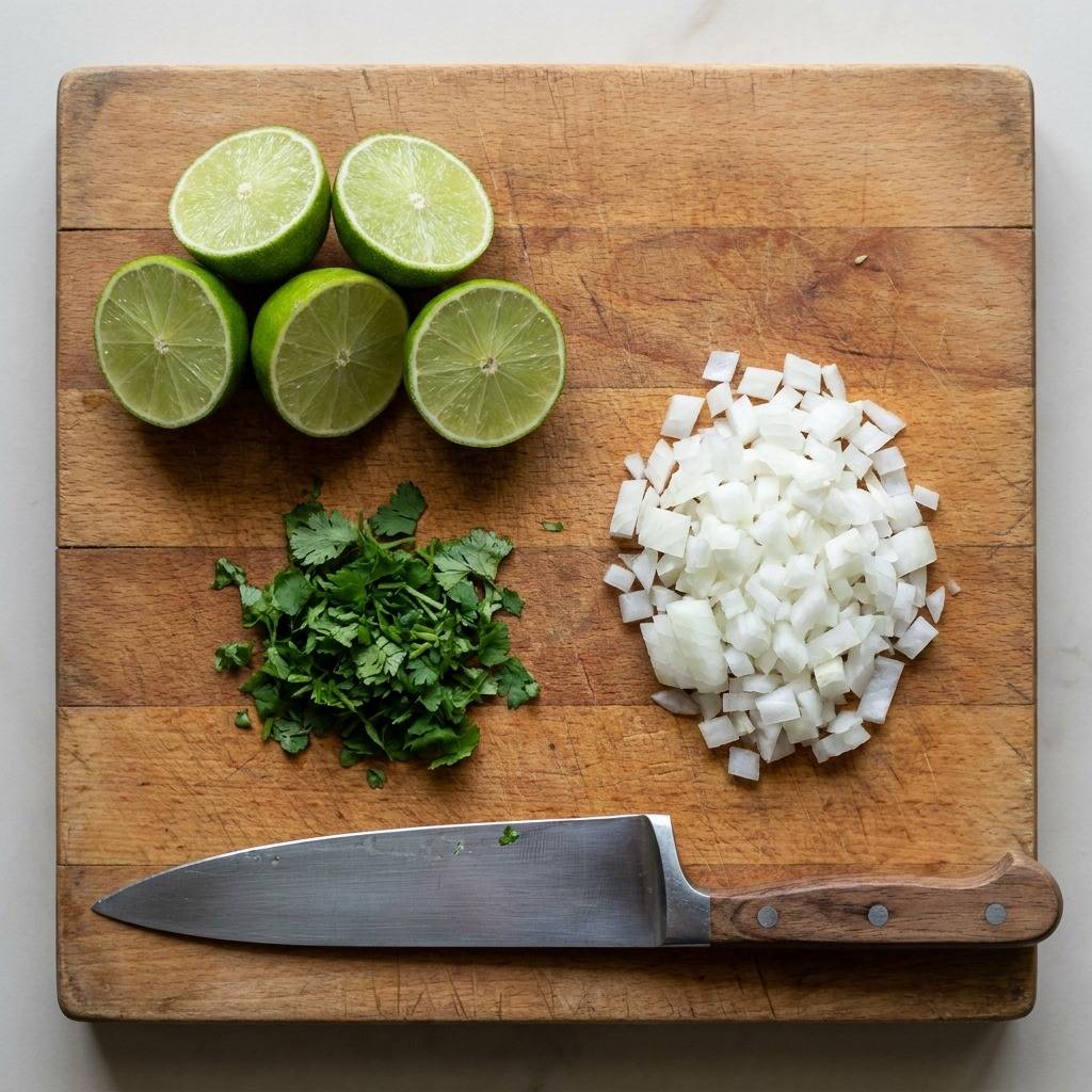 Limes, cilantro and onion on a cutting board