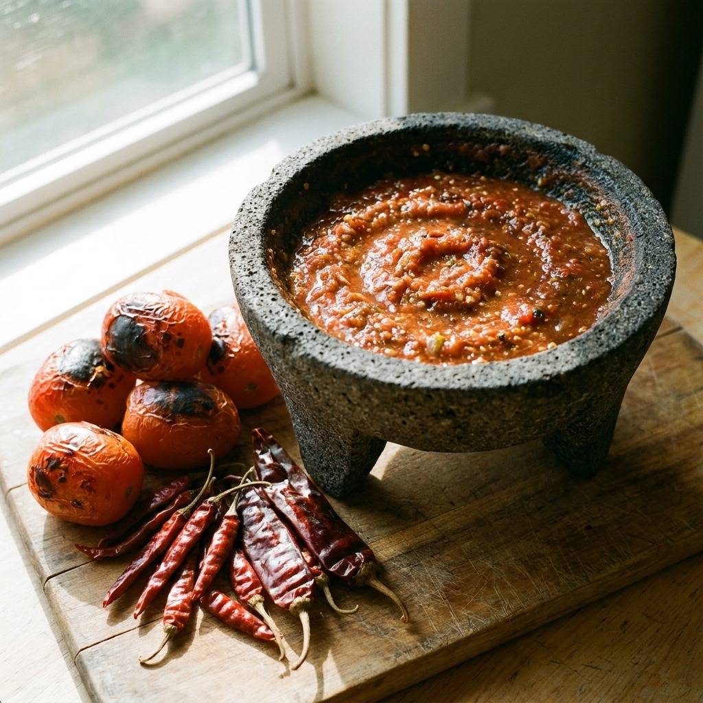 Red salsa in a stone molcajete with roasted chiles beside it