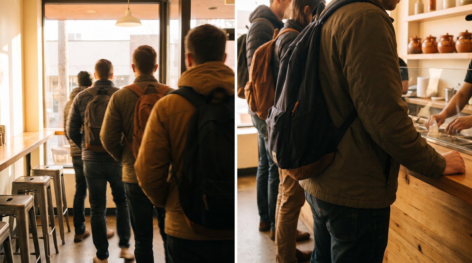 Short line of customers seen from behind at the taqueria counter in the morning