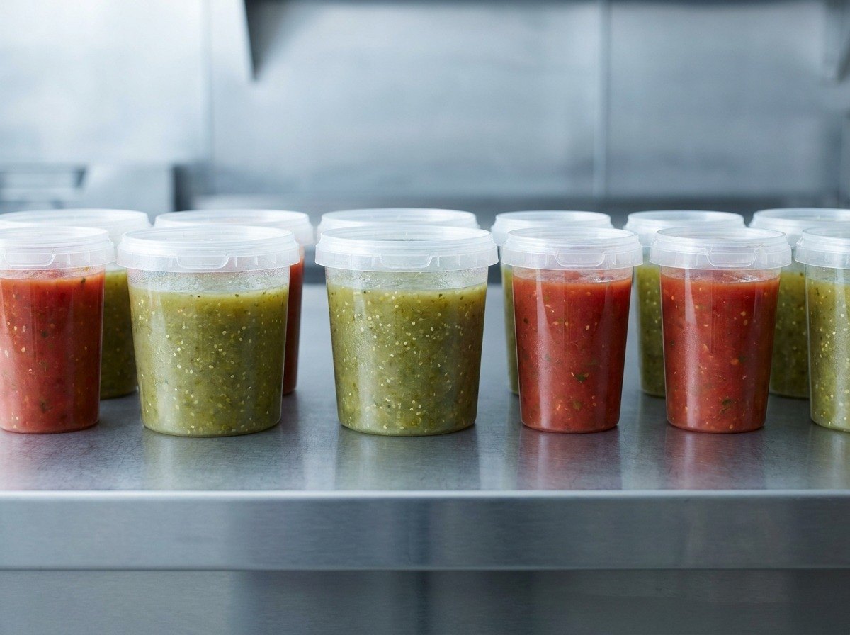 Row of plain pint containers filled with red and green salsa
