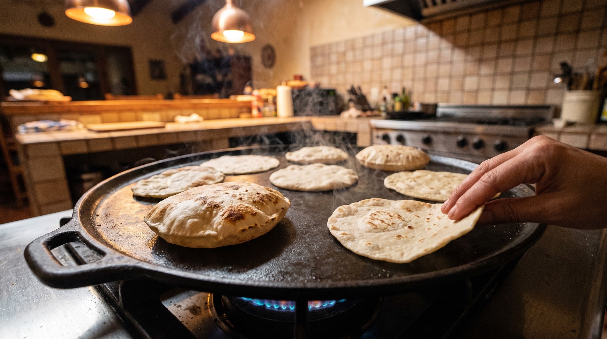 Several flour tortillas cooking on a comal, one being flipped by hand