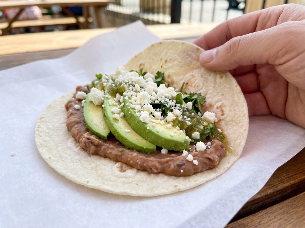 Vegetarian taco with beans, avocado and cheese on a flour tortilla